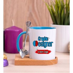 Hediye Dükkanı Kişiye Özel Grafiker Ahşap Altlıklı Kaşıklı Mavi Kupa