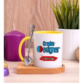 Hediye Dükkanı Kişiye Özel Grafiker Ahşap Altlıklı Kaşıklı Sarı Kupa