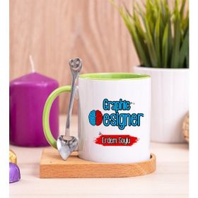 Hediye Dükkanı Kişiye Özel Grafiker Ahşap Altlıklı Kaşıklı Yeşil Kupa