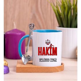 Hediye Dükkanı Kişiye Özel Hakim Ahşap Altlıklı Kaşıklı Mavi Kupa