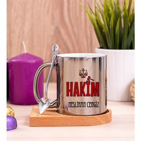 Hediye Dükkanı Kişiye Özel Hakim Ahşap Altlıklı Kaşıklı Silver Kupa Bardak
