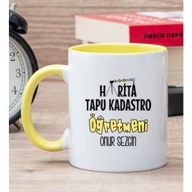 Hediye Dükkanı Kişiye Özel Harita Tapu Kadastro Öğretmeni Sarı Kupa Bardak