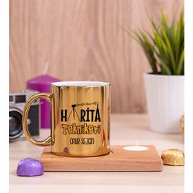 Hediye Dükkanı Kişiye Özel Harita Teknikeri Ahşap Altlıklı Mumlu Gold Kupa Bardak