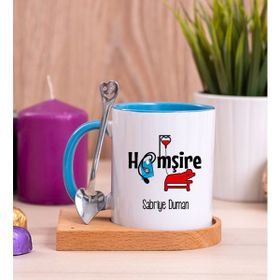 Hediye Dükkanı Kişiye Özel Hemşire Ahşap Altlıklı Kaşıklı Mavi Kupa