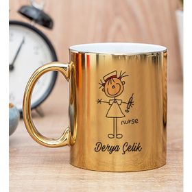 Hediye Dükkanı Kişiye Özel Hemşire Karikatürü Gold Kupa Bardak