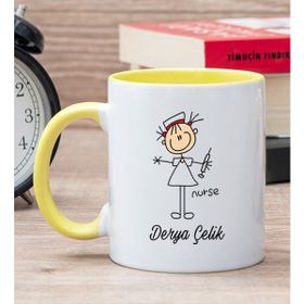 Hediye Dükkanı Kişiye Özel Hemşire Karikatürü Sarı Kupa Bardak