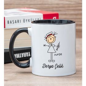 Hediye Dükkanı Kişiye Özel Hemşire Karikatürü Siyah Kupa Bardak