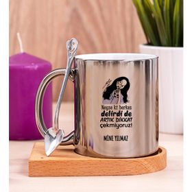 Hediye Dükkanı Kişiye Özel Herkes Delirdi Tasarım Esprili Ahşap Altlıklı Silver Kupa Bardak