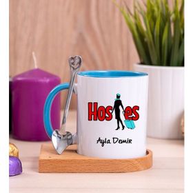 Hediye Dükkanı Kişiye Özel Hostes Ahşap Altlıklı Kaşıklı Mavi Kupa
