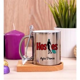 Hediye Dükkanı Kişiye Özel Hostes Ahşap Altlıklı Kaşıklı Silver Kupa Bardak