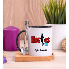 Hediye Dükkanı Kişiye Özel Hostes Ahşap Altlıklı Kaşıklı Siyah Kupa Bardak