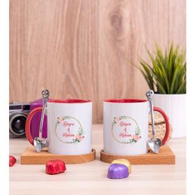 Hediye Dükkanı Kişiye Özel Iki Isimli Çiftlere Özel Ikili Ahşap Altlıklı Kırmızı Kupa