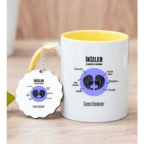 Hediye Dükkanı Kişiye Özel İkizler Burcuna Hediye Sarı Kupa Bardak ve Anahtarlık