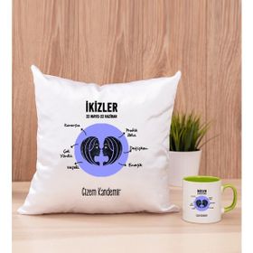 Hediye Dükkanı Kişiye Özel İkizler Burcuna Hediye Yeşil Kupa Bardak ve Kare Yastık