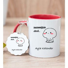 Hediye Dükkanı Kişiye Özel Incinmişsin Dedi Tasarım Esprili Kırmızı Kupa Bardak ve Anahtarlık
