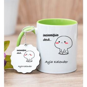 Hediye Dükkanı Kişiye Özel Incinmişsin Dedi Tasarım Esprili Yeşil Kupa Bardak ve Anahtarlık