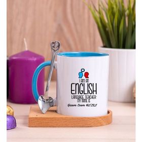Hediye Dükkanı Kişiye Özel Ingilizce Öğretmeni Ahşap Altlıklı Kaşıklı Mavi Kupa