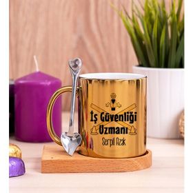 Hediye Dükkanı Kişiye Özel İş Güvenliği Uzmanı Ahşap Altlıklı Kaşıklı Gold Kupa Bardak