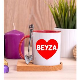 Hediye Dükkanı Kişiye Özel Isim Yazılı Kırmızı Kalpli Ahşap Altlıklı Kaşıklı Kırmızı Kupa