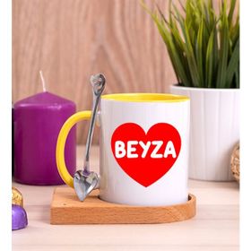 Hediye Dükkanı Kişiye Özel Isim Yazılı Kırmızı Kalpli Ahşap Altlıklı Kaşıklı Sarı Kupa