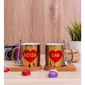 Hediye Dükkanı Kişiye Özel Isim Yazılı Kırmızı Kalpli Ikili Ahşap Altlıklı Gold Kupa