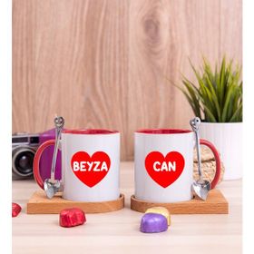 Hediye Dükkanı Kişiye Özel Isim Yazılı Kırmızı Kalpli Ikili Ahşap Altlıklı Kırmızı Kupa