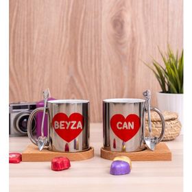 Hediye Dükkanı Kişiye Özel İsim Yazılı Kırmızı Kalpli İkili Ahşap Altlıklı Silver Kupa Bardak