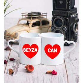 Hediye Dükkanı Kişiye Özel İsim Yazılı Kırmızı Kalpli İkili Sevgili Kupası