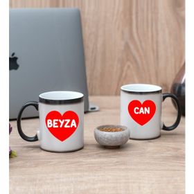 Hediye Dükkanı Kişiye Özel İsim Yazılı Kırmızı Kalpli İkili Sihirli Kupa Bardak