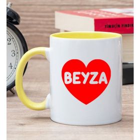 Hediye Dükkanı Kişiye Özel İsim Yazılı Kırmızı Kalpli Sarı Kupa Bardak