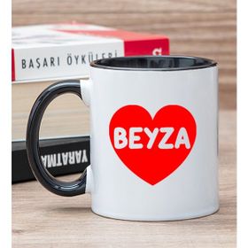 Hediye Dükkanı Kişiye Özel İsim Yazılı Kırmızı Kalpli Siyah Kupa Bardak