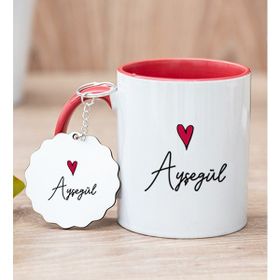 Hediye Dükkanı Kişiye Özel İsim Yazılı Minik Kalpli Kırmızı Kupa Bardak ve Anahtarlık