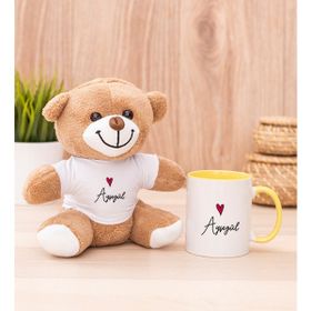 Hediye Dükkanı Kişiye Özel isim Yazılı Minik Kalpli Sarı Kupa Bardak ve Peluş Ayıcık