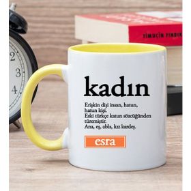 Hediye Dükkanı Kişiye Özel Kadın Kelimesi için Anlam Baskılı Sarı Kupa Bardak