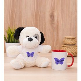 Hediye Dükkanı Kişiye Özel Kadına Hediye Kelebek Tasarım isimli Beyaz Kupa Bardak ve Peluş Köpek