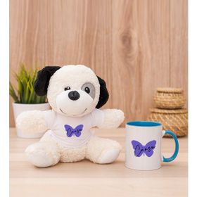 Hediye Dükkanı Kişiye Özel Kadına Hediye Kelebek Tasarım isimli Mavi Kupa Bardak ve Peluş Köpek