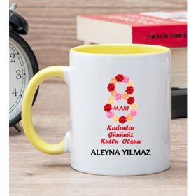 Hediye Dükkanı Kişiye Özel Kadınlar Günü Baskılı Hediyesi Sarı Kupa Bardak