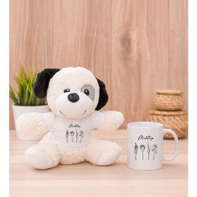 Hediye Dükkanı Kişiye Özel Karakalem Çizimli Çiçekler Beyaz Kupa Bardak ve Peluş Köpek