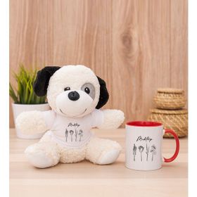 Hediye Dükkanı Kişiye Özel Karakalem Çizimli Çiçekler Beyaz Kupa Bardak ve Peluş Köpek