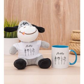 Hediye Dükkanı Kişiye Özel Karakalem Çizimli Çiçekler Mavi Kupa Bardak ve Peluş Eşek