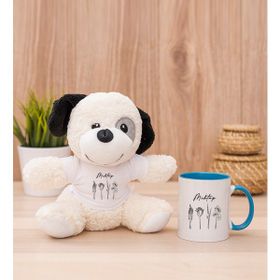 Hediye Dükkanı Kişiye Özel Karakalem Çizimli Çiçekler Mavi Kupa Bardak ve Peluş Köpek