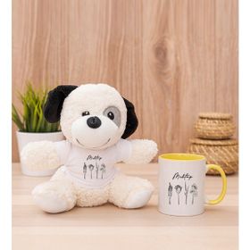 Hediye Dükkanı Kişiye Özel Karakalem Çizimli Çiçekler Sarı Kupa Bardak ve Peluş Köpek