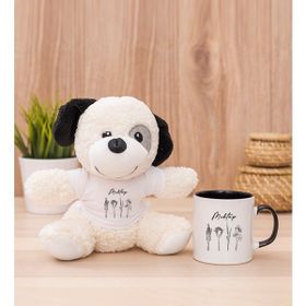 Hediye Dükkanı Kişiye Özel Karakalem Çizimli Çiçekler Siyah Kupa Bardak ve Peluş Köpek
