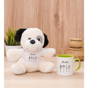 Hediye Dükkanı Kişiye Özel Karakalem Çizimli Çiçekler Yeşil Kupa Bardak ve Peluş Köpek