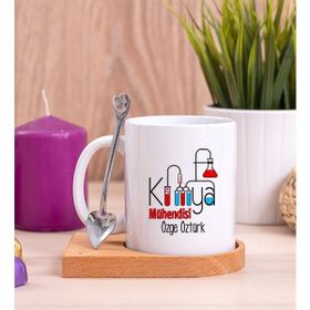 Hediye Dükkanı Kişiye Özel Kimya Mühendisi Ahşap Altlıklı Kaşıklı Beyaz Kupa Bardak