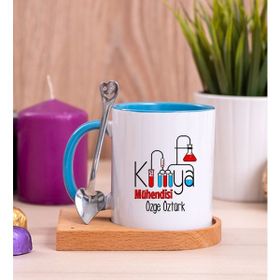 Hediye Dükkanı Kişiye Özel Kimya Mühendisi Ahşap Altlıklı Kaşıklı Mavi Kupa