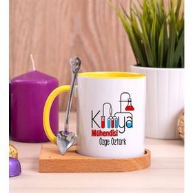 Hediye Dükkanı Kişiye Özel Kimya Mühendisi Ahşap Altlıklı Kaşıklı Sarı Kupa