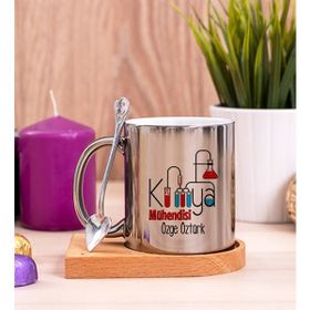 Hediye Dükkanı Kişiye Özel Kimya Mühendisi Ahşap Altlıklı Kaşıklı Silver Kupa Bardak