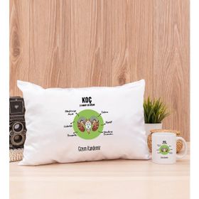 Hediye Dükkanı Kişiye Özel Koç Burcuna Hediye Beyaz Kupa Bardak ve Dikdörtgen Yastık