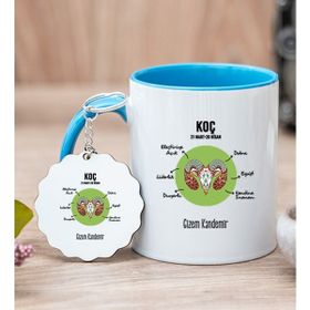 Hediye Dükkanı Kişiye Özel Koç Burcuna Hediye Mavi Kupa Bardak ve Anahtarlık